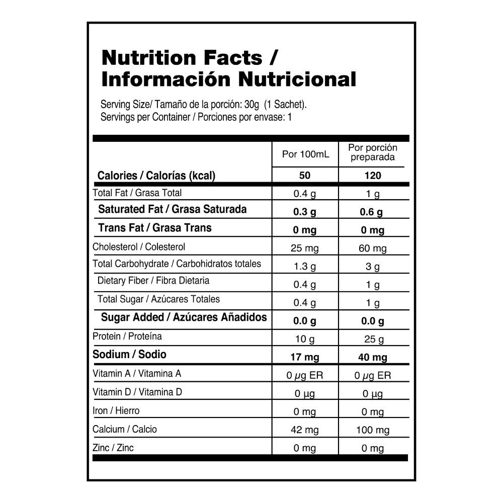 Vitanas Whey Elite Sachet 30 g Choco Avellana - tabla nutricional oficial