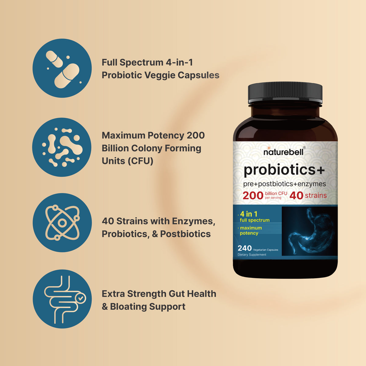 NatureBell Probióticos 200 mil millones UFC | 40 cepas | 240 cápsulas