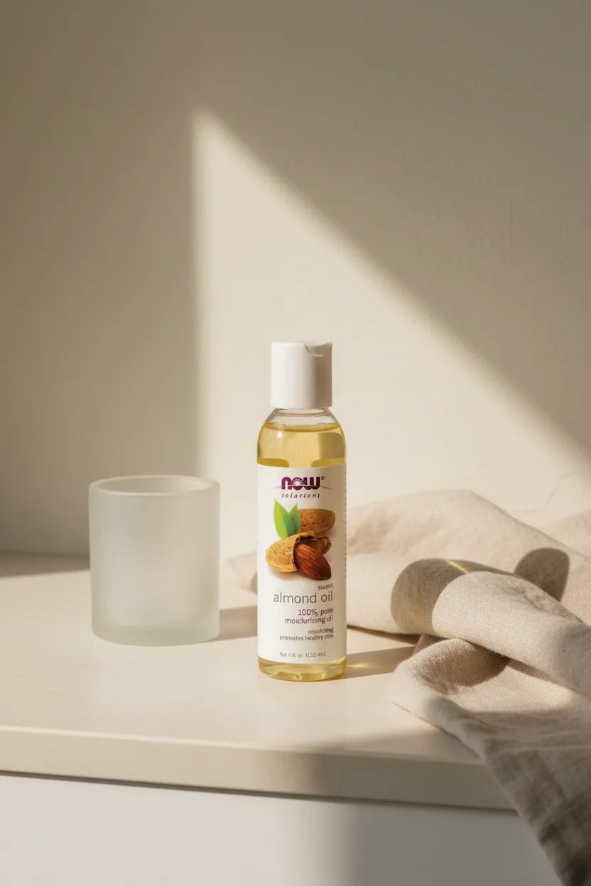 Quiet luxury lifestyle - NOW Solutions Sweet Almond Oil vanity scene
