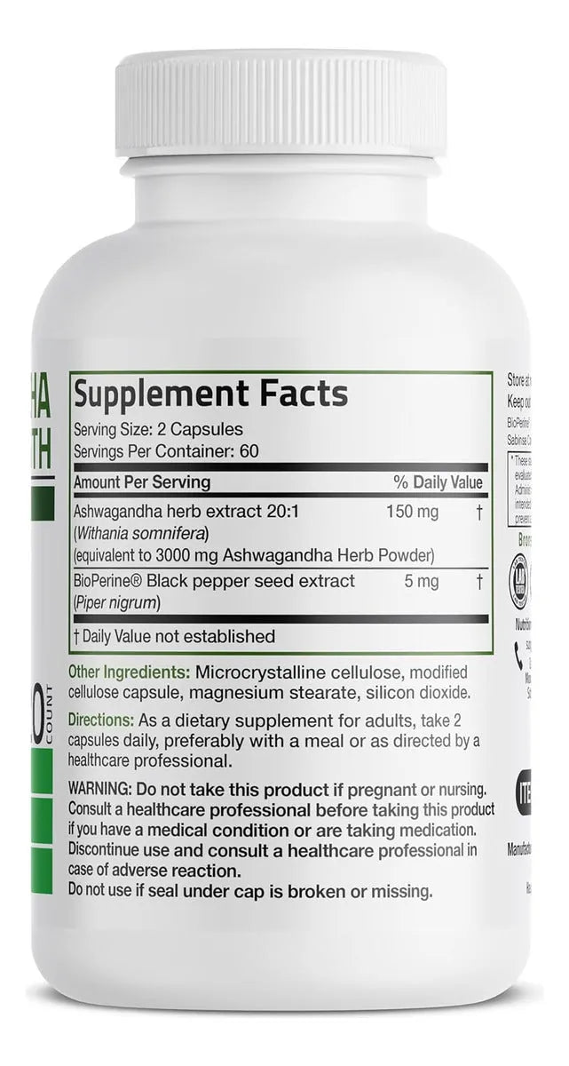 Ashwagandha 500mg + BioPerine | 120 Cápsulas | Bronson | 60 Días