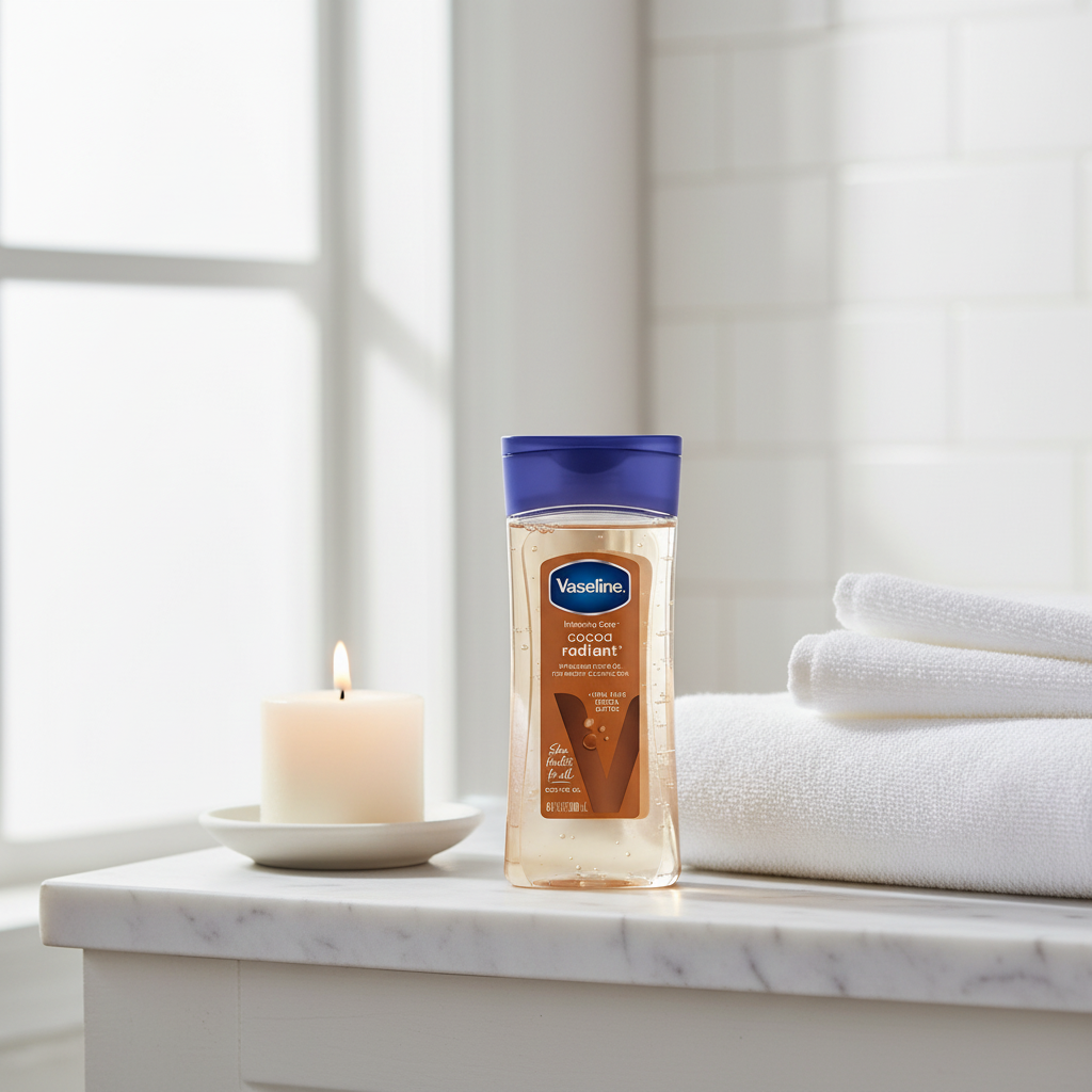 Lifestyle - Vaseline Cocoa Radiant en entorno de baño refinado