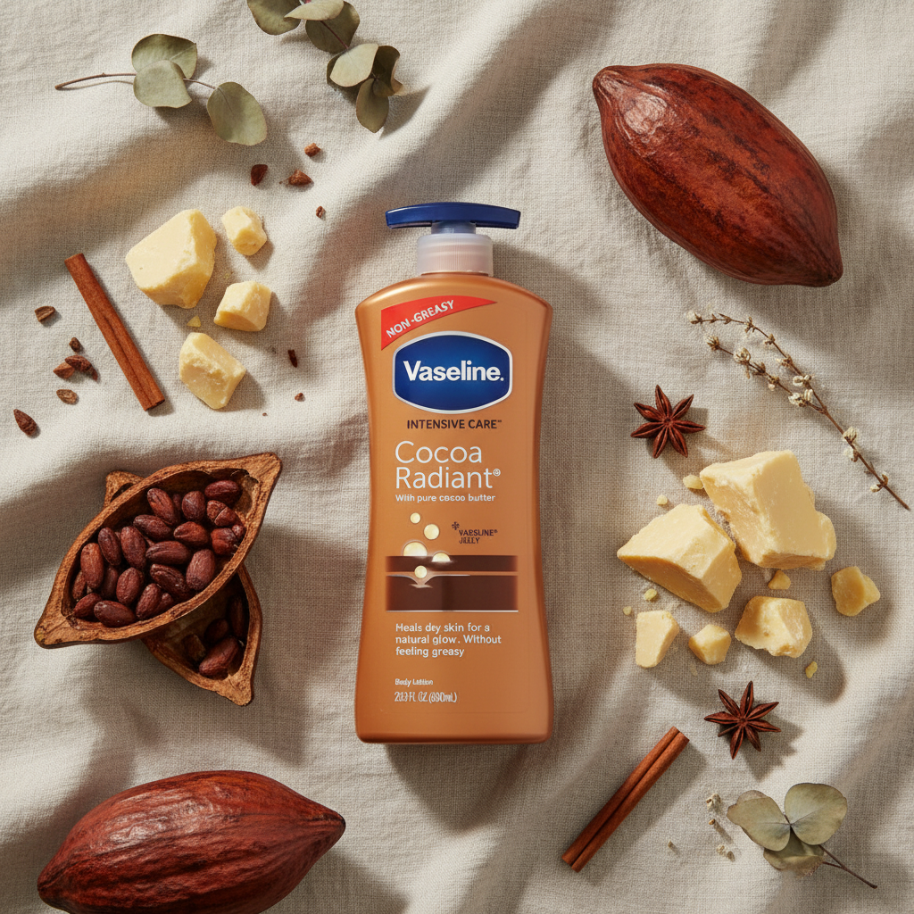 Vaseline Cocoa Radiant 600ml — Flat lay con ingredientes de cacao