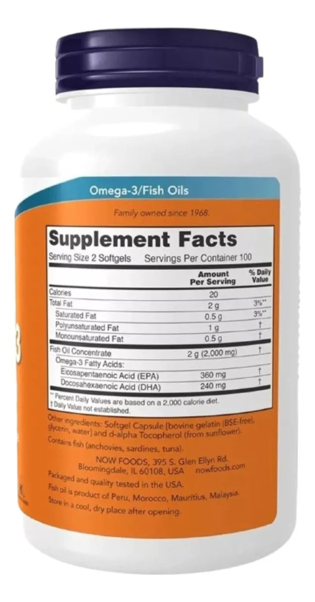 Omega 3 Now 1000 Mg 200 Cápsulas Aceite Pescado Alta Pureza Epa Dha Salud Cardiovascular Cerebro Articulaciones Apoyo Memoria Sistema Inmune Natural - MARTURI